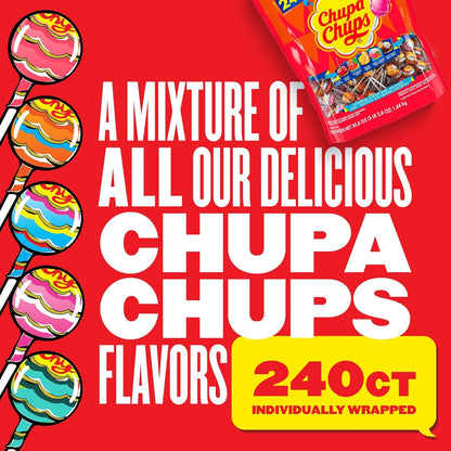 Chupa Chups Mini Lollipop Halloween Trick or Treat Candy Variety Assortment, 5 Flavors, Individually Wrapped Bulk Candy for Adults & Kids, 50.8 oz Bag (240 Suckers)