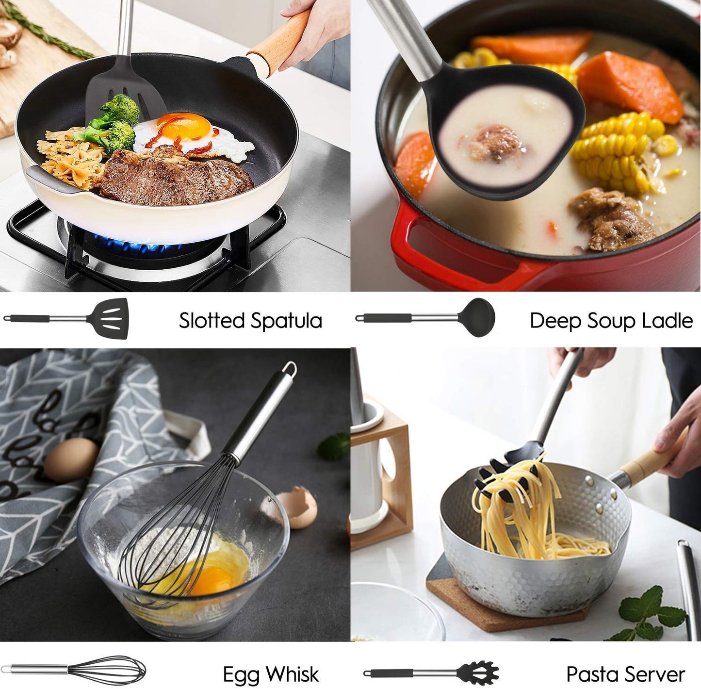 MIBOTE Silicone Kitchen Utensils Set, Cooking Utensils Set with Heat Resistant BPA-Free Silicone and Stainless Steel Handle Kitchen Tools Set (Black)