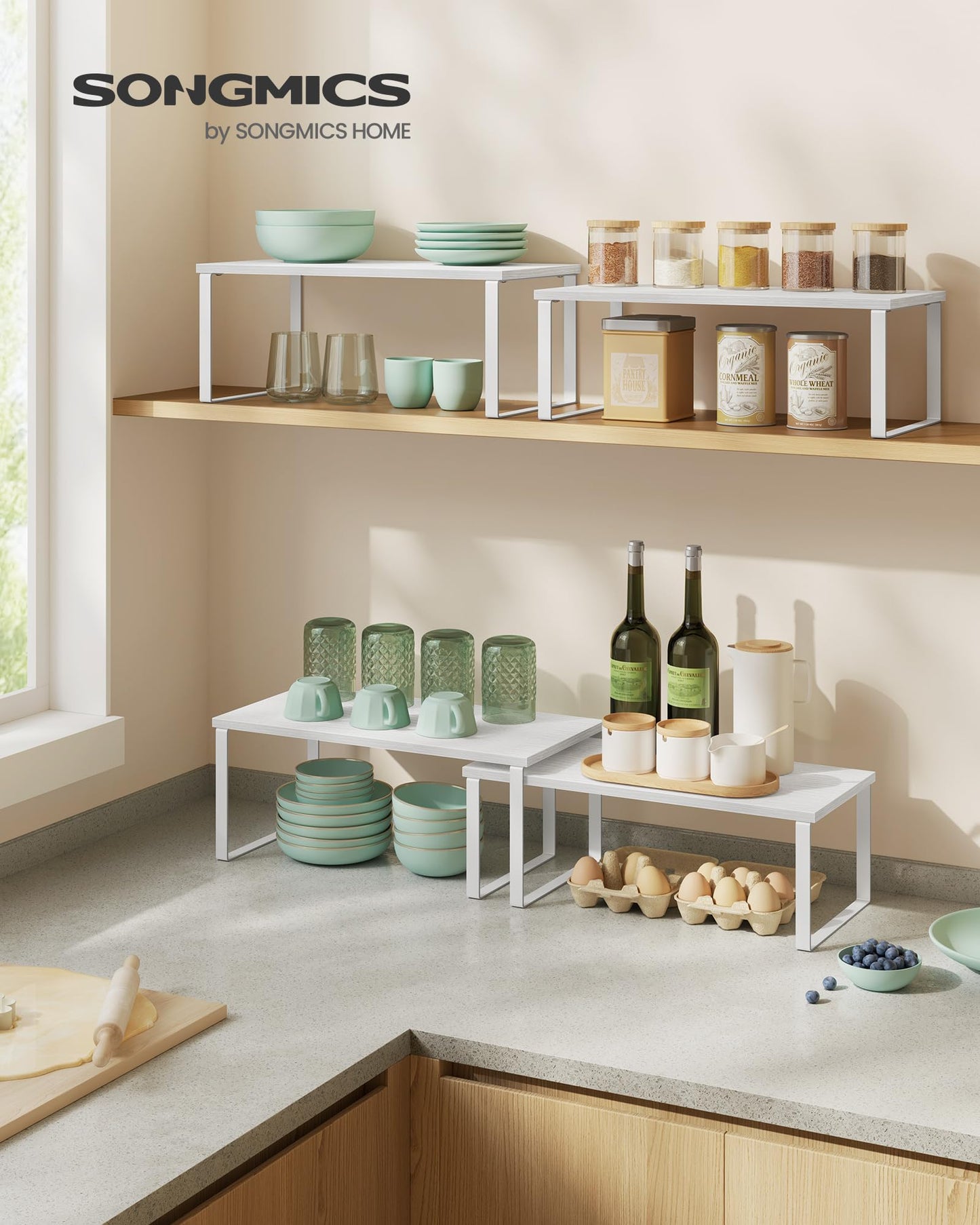 SONGMICS Cabinet Organizer Shelf, Set of 4 Kitchen Counter Shelves, Kitchen Storage, Spice Rack, Stackable, Expandable, Metal and Engineered Wood, Cloud White and Natural Beige UKCS010N01