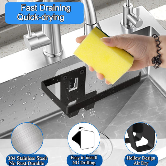 GAViA Sponge Holder Kitchen Dish Sponge Holder Self-Adhesive Kitchen Organiser Dish Cloth Holder 304 Stainless Steel Kitchen Drain Rack Sink Caddy Storage Organiser Black