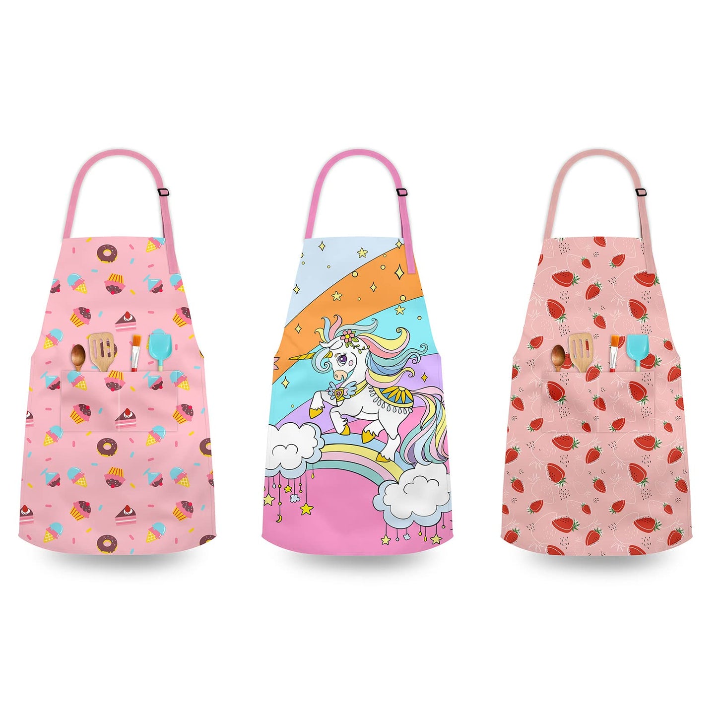 DEABOLAR Kids Aprons for Girls Toddler Donut Aprons with Pockets for Kids Cooking Baking Painting Crafting Art Gardening Adjustable, Machine Washable