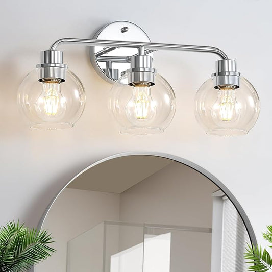 Bathroom Light Fixtures Chrome Vanity Light Silver 3 Light Modern Wall Sconces Lighting Bathroom Lights with Globe Glass Shades Bath Wall Lights Wall Lamp for Mirror Kitchen Living Room Hallway