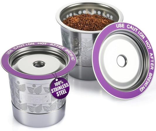 Stainless Steel Reusable K Cups for Keurig 2.0, Keurig Mini, K-Express, K-Classic, K-Elite, K-Compact, K-Mini Mate Single-Serve Coffee Makers by PureHQ - Refillable Metal Coffee Filters - 2 Pack