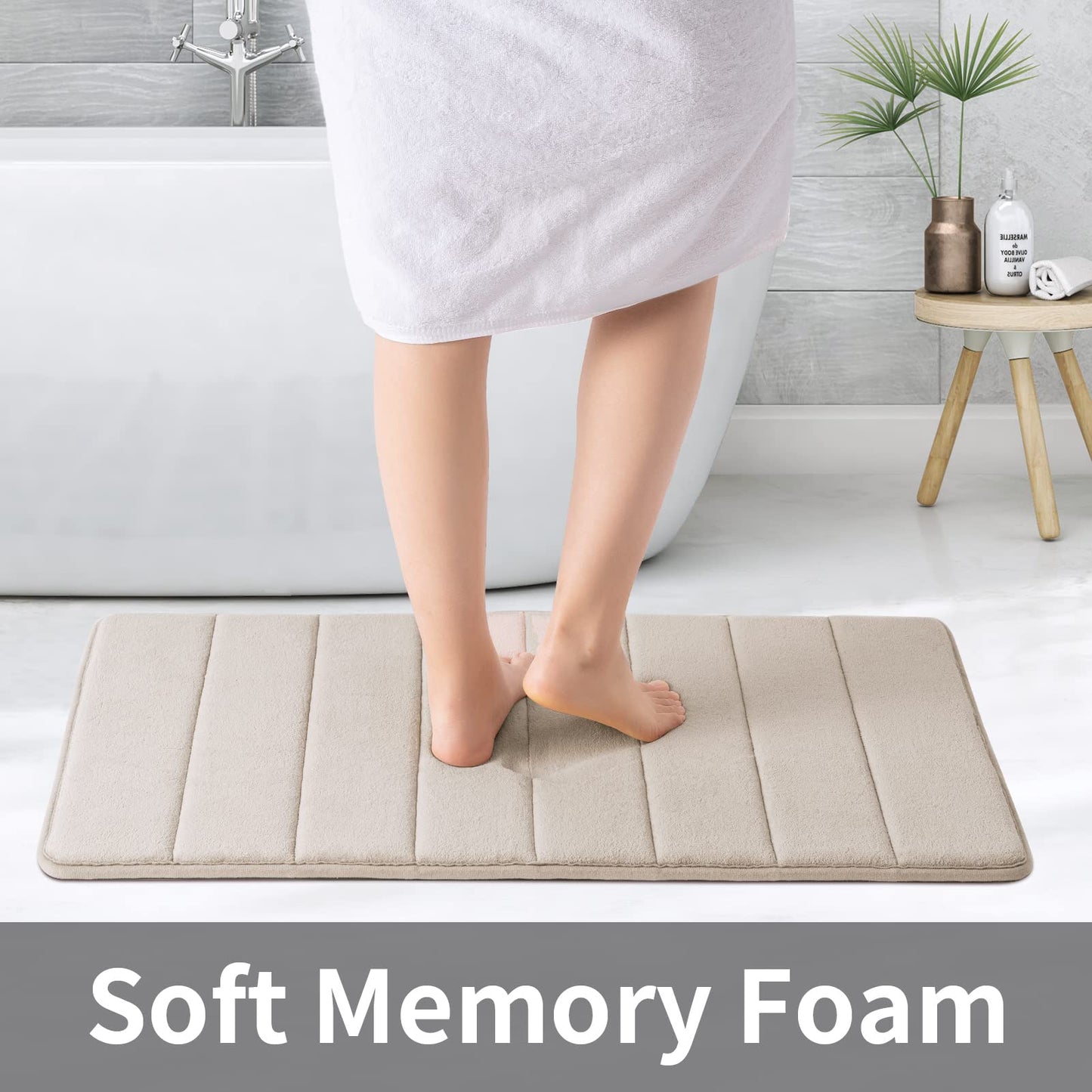 ROSMARUS Memory Foam Bath Mat 17” x 24”, Water Absorbent Shower Mat, Thick Bath Rugs for Bathroom Non Slip with PVC Backing, Ultra Soft Bathroom Rugs for Floor & Tub, Ltbrown