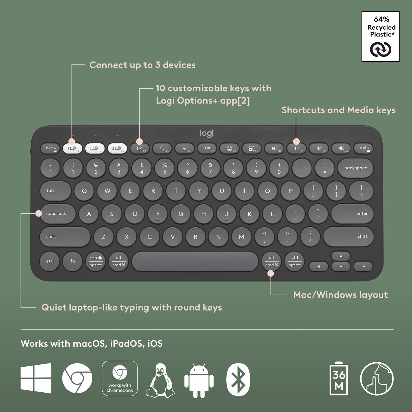 Logitech Pebble Keys 2 K380s, Multi-Device Bluetooth Wireless Keyboard with Customisable Shortcuts,Slim and Portable,Easy-Switch for Windows/macOS/iPadOS/Android/Chrome OS, QWERTY UK Layout, Graphite