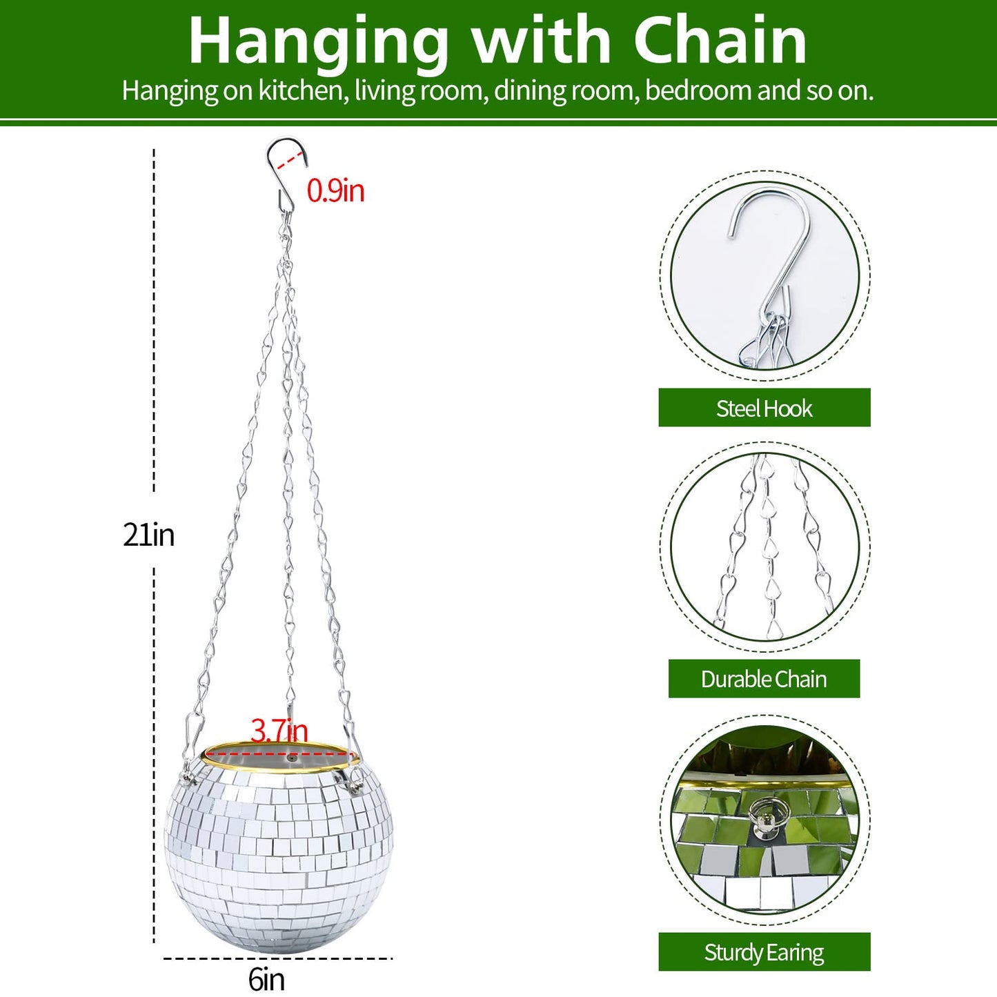 FGBNM 4"/6"/8"/9"/10" Disco Ball Planter, Disco Ball Plant Hanger with Hanging Rope, Hanging Chain, Hook, Circle and Extra Mirror Pieces (6" Silver, 1pcs)