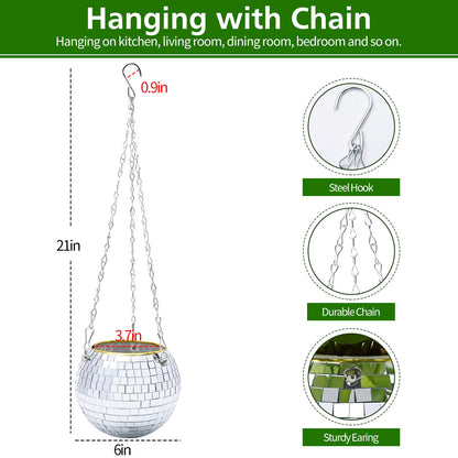 FGBNM 4"/6"/8"/9"/10" Disco Ball Planter, Disco Ball Plant Hanger with Hanging Rope, Hanging Chain, Hook, Circle and Extra Mirror Pieces (6" Silver, 1pcs)