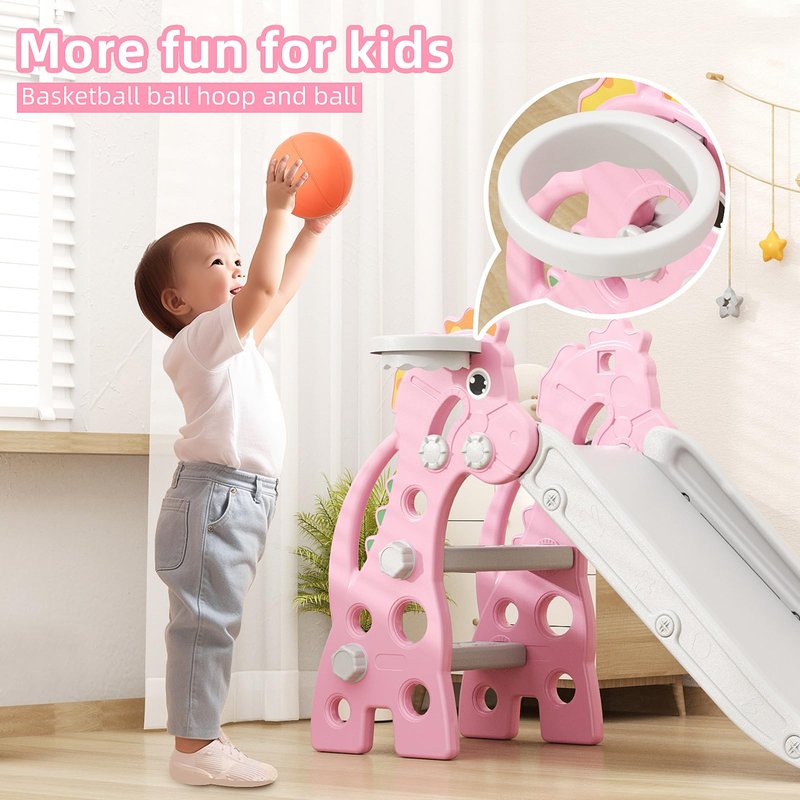 GLAF Toddler Slide Indoor for Toddlers 1-3 Baby Slide Outdoor Playset with Basketball Hoop and Ball Plastic Foldable Slides for Kids Backyard Climber Set (Pink)