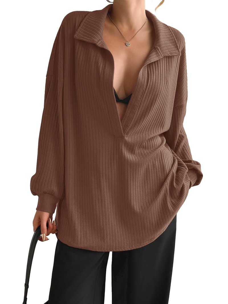 Fisoew Womens Oversized Deep V Neck Sweatshirts Casual Collared Long Sleeve Ribbed Knit Pullover Tops Brown
