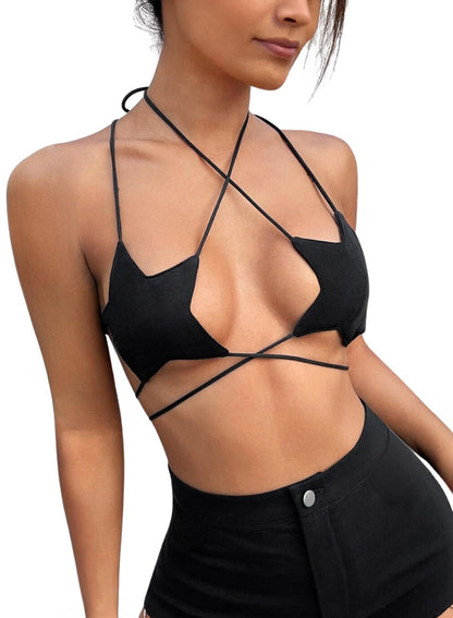 Rave Star Top for Women - Halloween Sexy Halter Crop Backless Bra Music Festival Crisscross Straps Concert Outfits(Black,L,1078a)