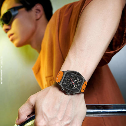 FANMIS Watch for Men Fashion Hollow Unique Rectangle Dial Wristwatch Waterproof Sport Digital Analog Dual Time Display Stopwatch Punk Cool Design Silicon Strap Dress Watch (Orange)