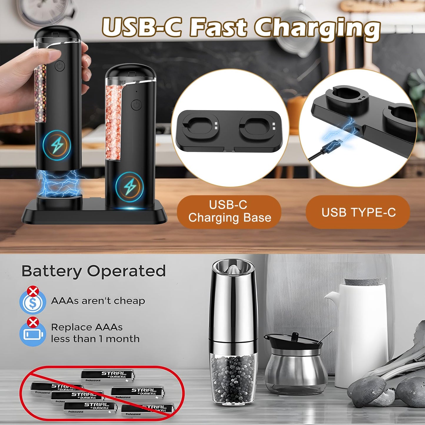 Electric Salt and Pepper Grinder Set: Rechargeable Salt and Pepper Shakers Set Electric For Gravity Spice Grinders Adjustable Automatic Peppercorns Mills Refillable Shaker Mill Large Capacity