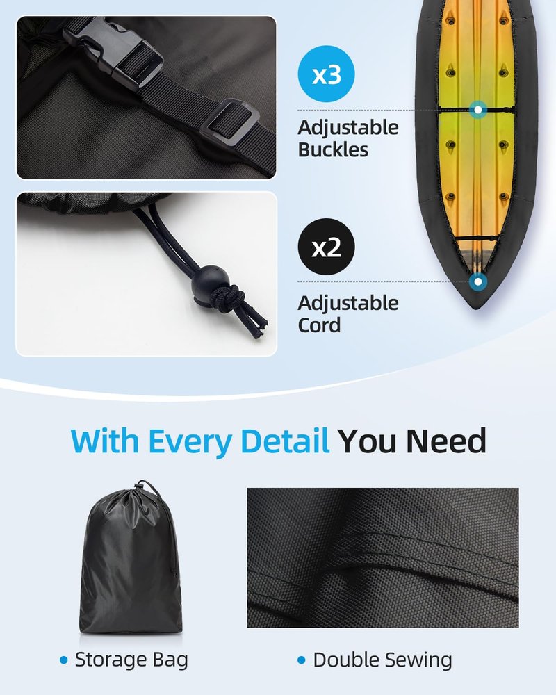 OCEANBROAD Kayak Cover Extra Wide, Water-Resistant UV-Resistant Kayak Canoe Fishing Boat Dust Covers for Outdoor Storage, Suitable for 9.3-10.5ft Length, Up to 44in Width, 420D Black