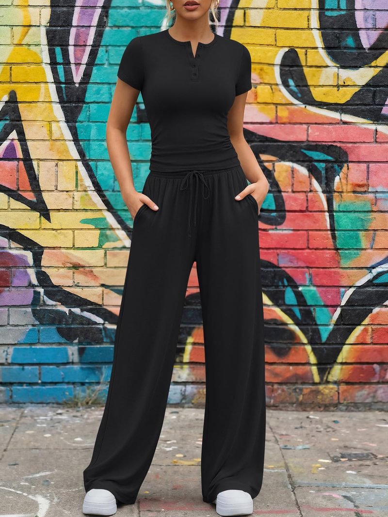 Trendy Queen Womens 2 Piece Sets Lounge Matching Set Cruise Casual Vacation Outfits Summer Airport Workout Gym Clothes Spring Fashion 2026 Teen Girl Wide Leg Pants Athletic Travel Tops Black M