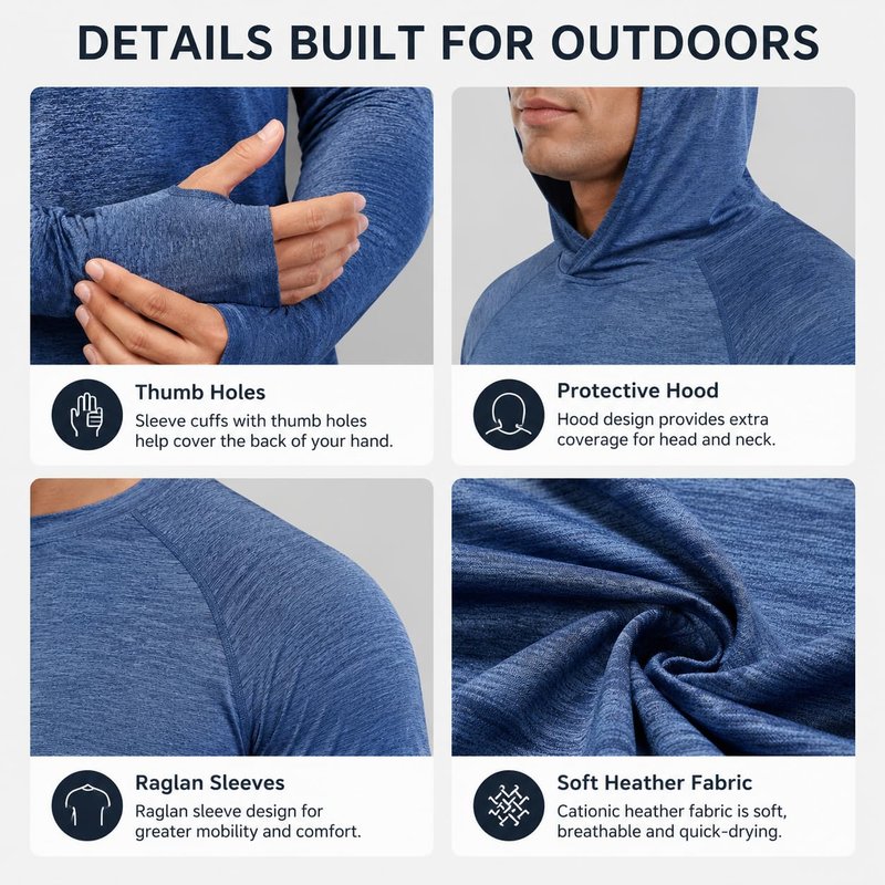 OYGSieg Men's Athletic Hoodies Long Sleeve Fishing Shirts for Men UPF 50+ SPF UV Sun Protection Shirts Rash Guards A M