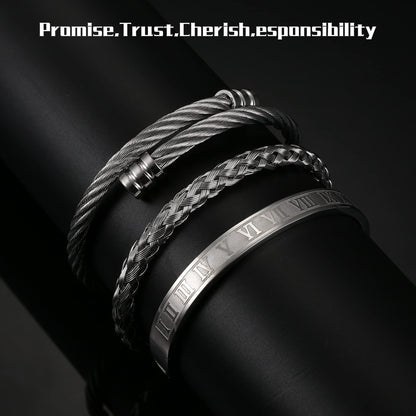 YADOCA 3Pcs Stainless Steel Bracelets for Men Roman Numeral Bangle Bracelet Adjustable Cuff Bracelet Twisted Cable Bracelet Mens Luxury Bracelets Jewelry Gifts Gold/Silver/Black