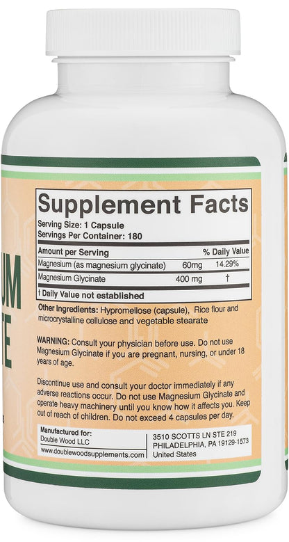 Magnesium Glycinate 400mg, 180 Capsules (Vegan Safe, Manufactured and Third Party Tested in The USA, Gluten Free, Non-GMO) High Absorption Magnesium by Double Wood Supplements