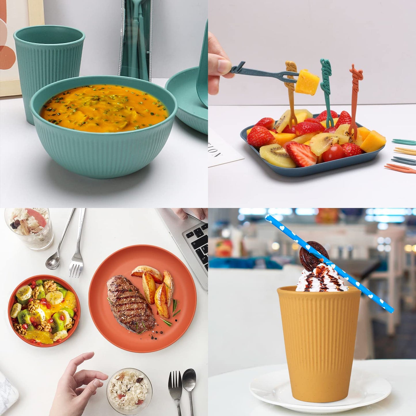 48pcs Unbreakable Dinnerware Sets for 4 People, Camping/Picnic Dinner Sets, Lightweight Colorful BBQ Plastic Serving Plates, Bowls, Cups,Cutlery Set, Forks,Tableware