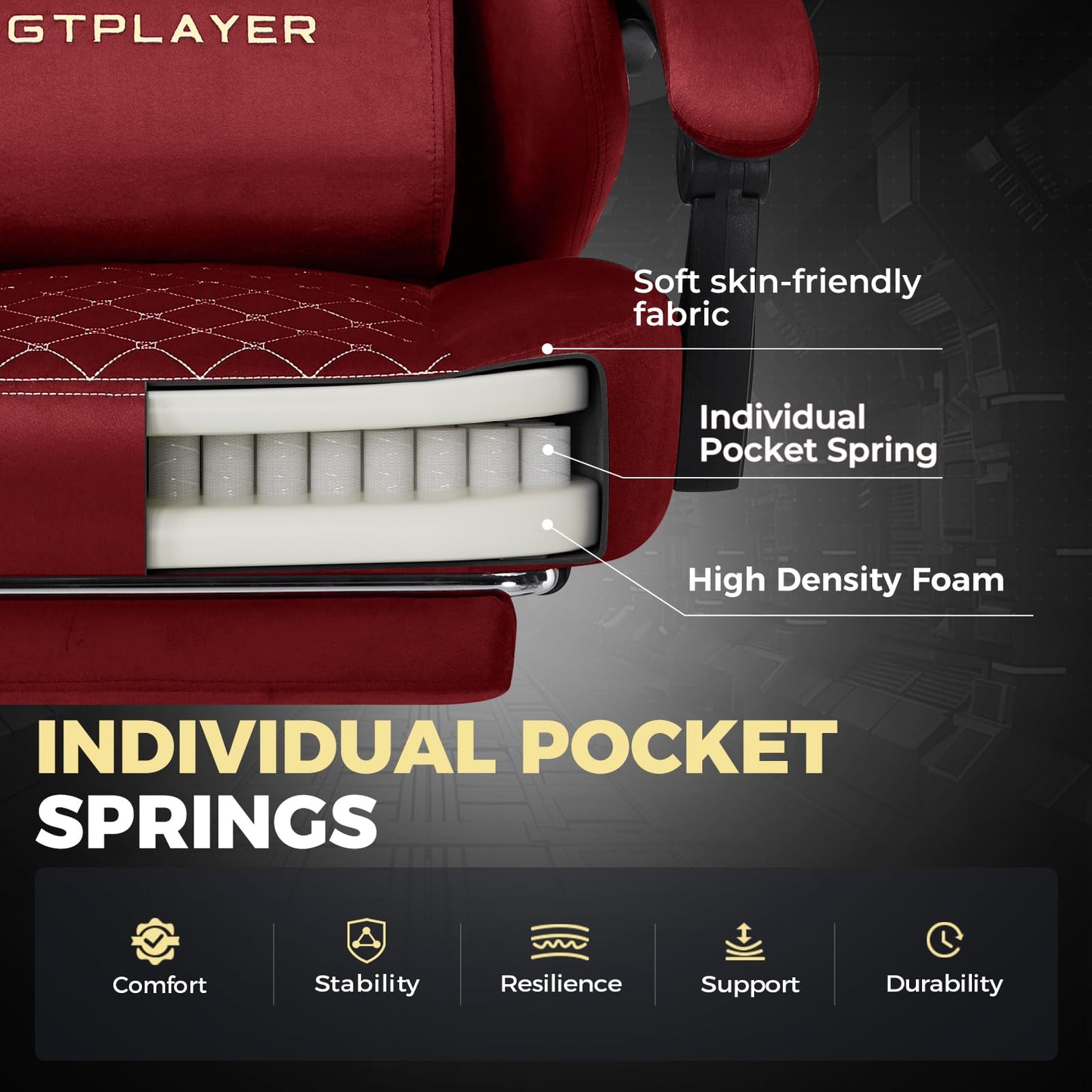 GTRACING Gaming Chair Fabric with Footrest, Big and Tall Game Chair High Back Computer Office Chair with Lumbar Support for Adults, Ergonomic Swivel Games Chair with Pocket Spring Cushion Gaming Red