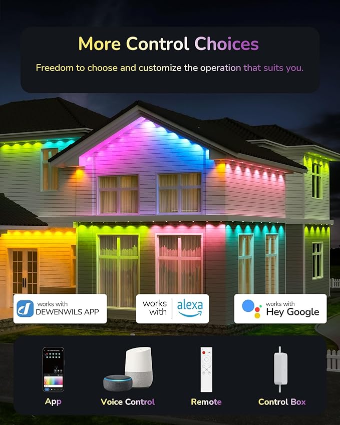EDISHINE 120ft Permanent Outdoor Christmas Lights, 80 LED RGB+IC+Warm/Cool White Eave Light, App/Remote Control, IP67 Waterproof 50 Scene Modes for House and Daily Decor, Alexa Google Enable