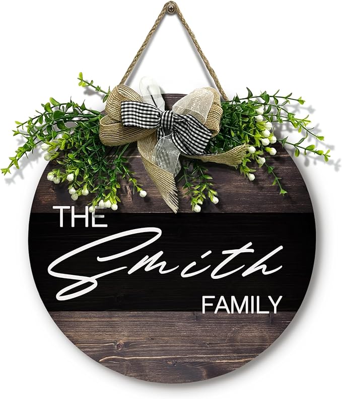 Personalized Custom Door Sign with Family Name Wooden Customized Welcome Sign for Front Door with Bow Rustic Customize Wreath Hanger Plaque Gift for Home Farmhouse Wall Outdoor Decor 12 inch