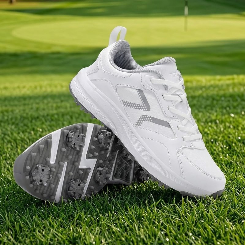 DARIBOM Mens Golf Shoes Spiked Non Slip Waterproof Golf Sneakers with Leather Upper Size 10.5(White)