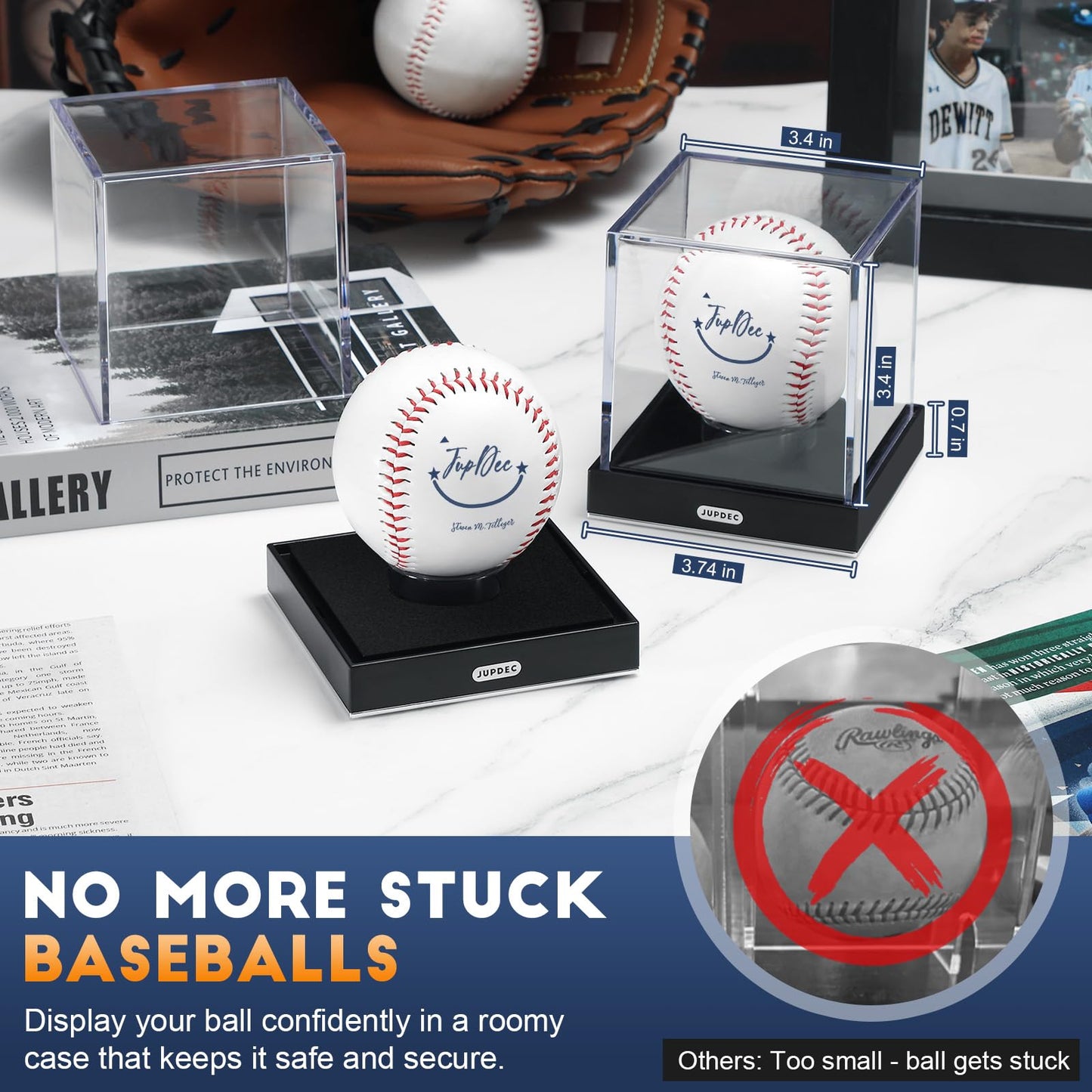 JupDec Baseball Display Case for Single Autograph Ball, Clear Acrylic Cube Baseball Holder with Velvet Interior, UV Protected Stand Box with Durable Base, Ideal Gift for Sports Fans, Silvery, 2 Pack