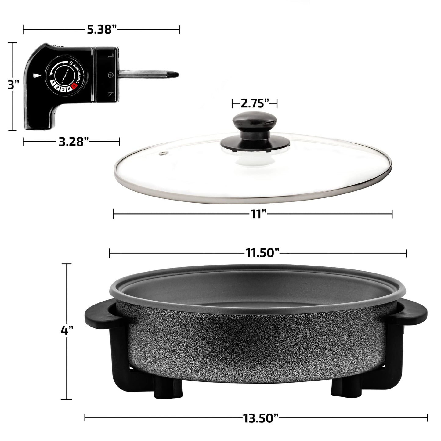 OVENTE 12 Inch Electric Skillet and Frying Pan with Nonstick Coating, 1400W Power, Adjustable Temperature Control, Tempered Glass Lid with Vent and Cool Touch Handles, Black SK11112B