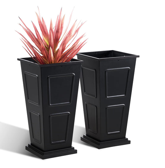23" Tall Metallic Planter for Outdoor Plants Set of 2, Tapered Steel Flower Pot with Removable Middle Partition Drainage Holes, Large Metal Planters for Front Porch, Garden, Patio, Balcony, Black