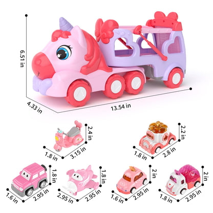 usrela Toys for 1 2 3 Year Old Girl Truck, 7-in-1 Girl Carrier Truck Car with Light & Sound, Toddler Girl Car Toys Age 1-3 2-4, Unicorn Toy Cars for 1 2 3 Year Old Girls Birthday