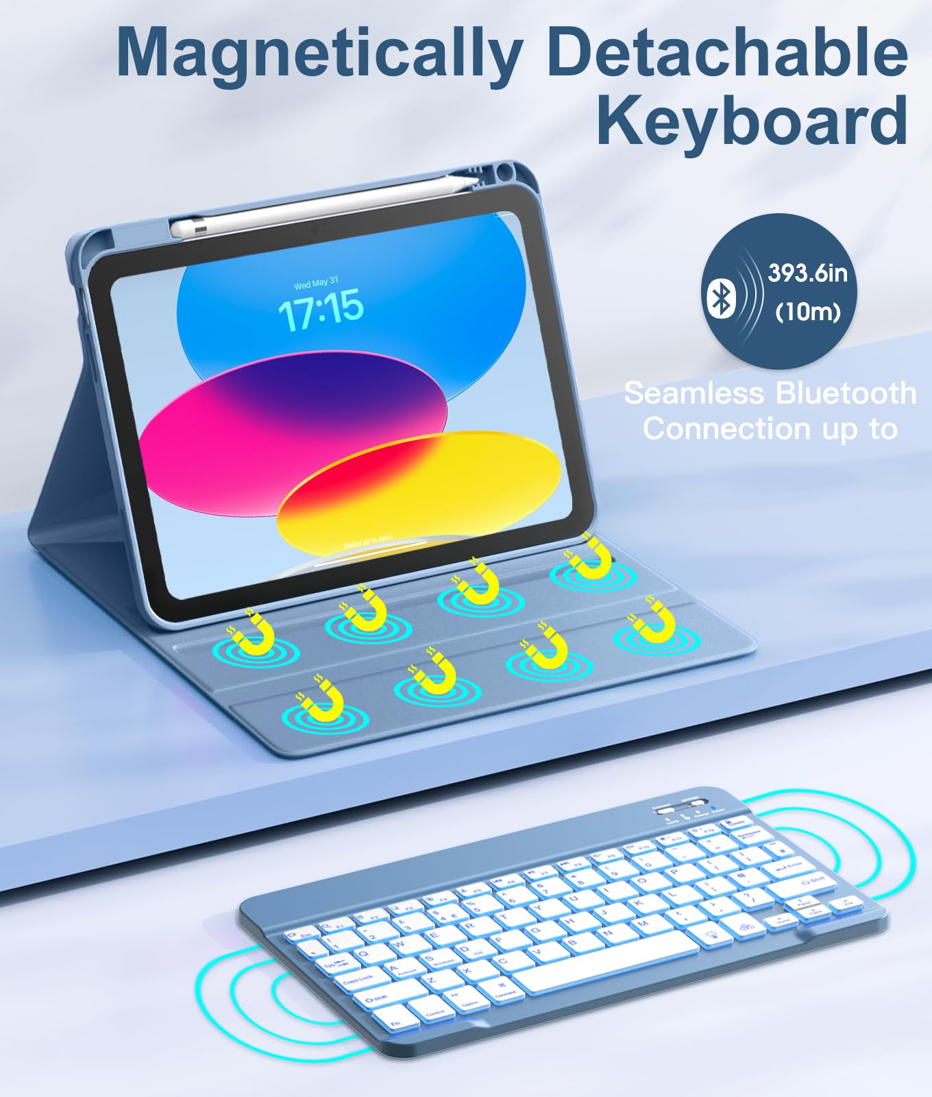 Vobafe Keyboard Case for iPad A16 11th Generation 2025/10th Generation 2022(11/10.9 inch), 7 Colors Backlit Detachable Folio Keyboard Cover with Pencil Holder for iPad 11/10 Gen, UK Layout, Blue