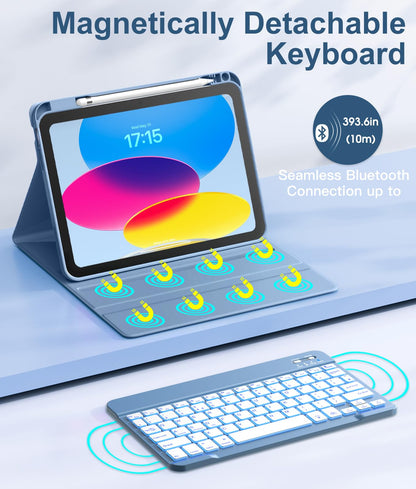 Vobafe Keyboard Case for iPad A16 11th Generation 2025/10th Generation 2022(11/10.9 inch), 7 Colors Backlit Detachable Folio Keyboard Cover with Pencil Holder for iPad 11/10 Gen, UK Layout, Blue