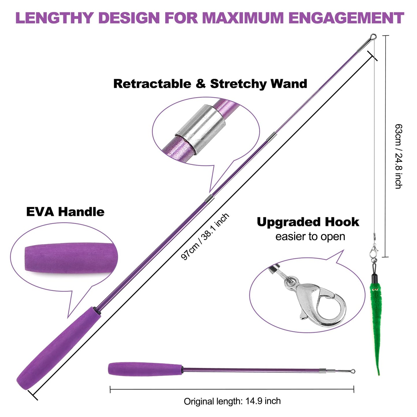 11PCS Cat Wand Toy, Cat Interactive Toys for Indoor Cats, 2 Retractable Cat Wand, 7 Worm Cat Teaser Toys and 1 Plush Fish Cat Toy, Cat Feather Toys for Play Chase Exercise with Kitten, Extra 1 Line