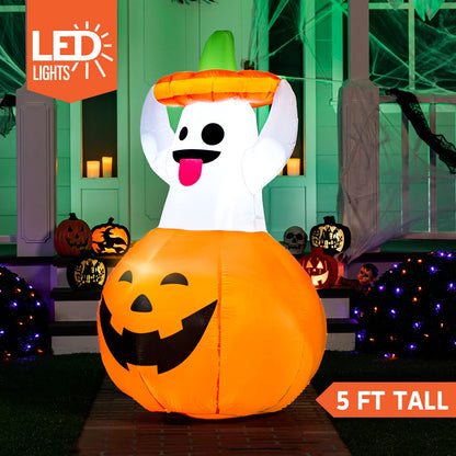Joiedomi 5 FT Halloween Inflatable Ghost Outdoor Decorations, Blow Up Yard Decorations in Pumpkin, Blow Up Ghost Inflatable with LEDs for Cute Halloween Decor