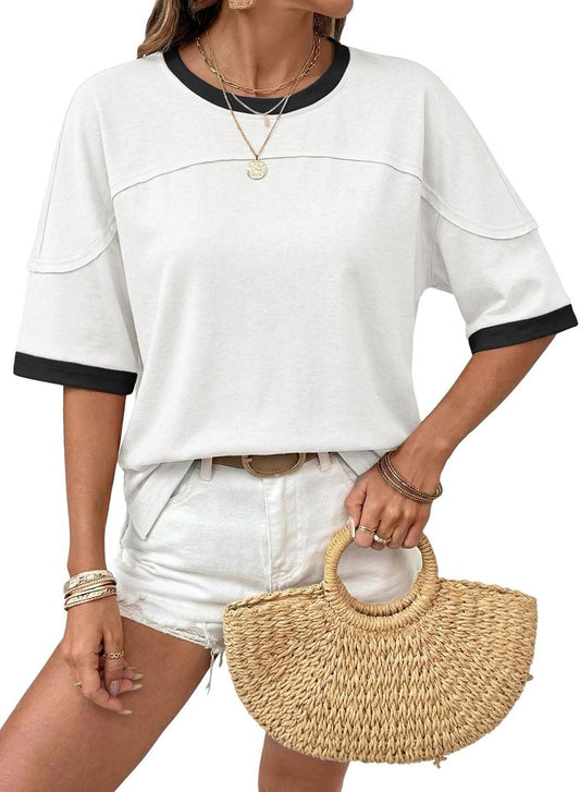 Dokotoo Womens Tops Casual Summer Crewneck Tops Short Sleeve Oversized T Shirts Fashion 2026 Side Slit Lightweight Color Block Shirts Basic Pullover Cute Loose Fit Shirts for Women White Large