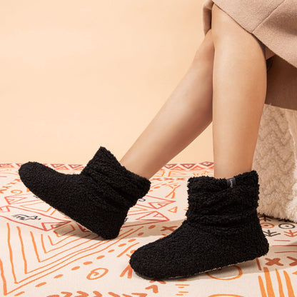 LongBay Women’s Warm Curly Fur Bootie Slippers Comfy Plush Fleece Boots Memory Foam House Shoes (Small / 5-6, Black)
