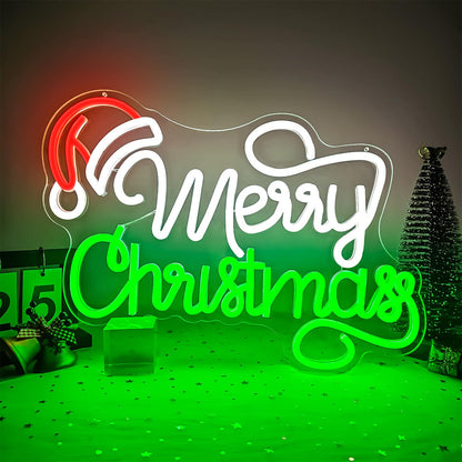 Merry Christmas Neon Sign Christmas Led Signs for Wall Decor Dimmable Santa Hat Neon Light for Party Bedroom Acrylic Holiday Light Up Signs for Window Xmas Neon Wall Art Gifts Size(12.2in*16.3in)