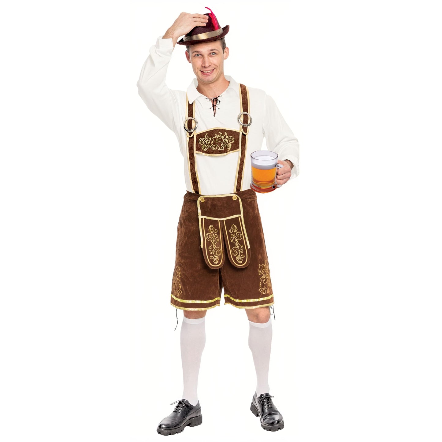 Spooktacular Creations Halloween Men Oktoberfest Costume Set, Lederhosen Men with German Bavarian Hat, Beer Costume, Adults Halloween Brown Outfit for Beer Festival Party (X-Large)