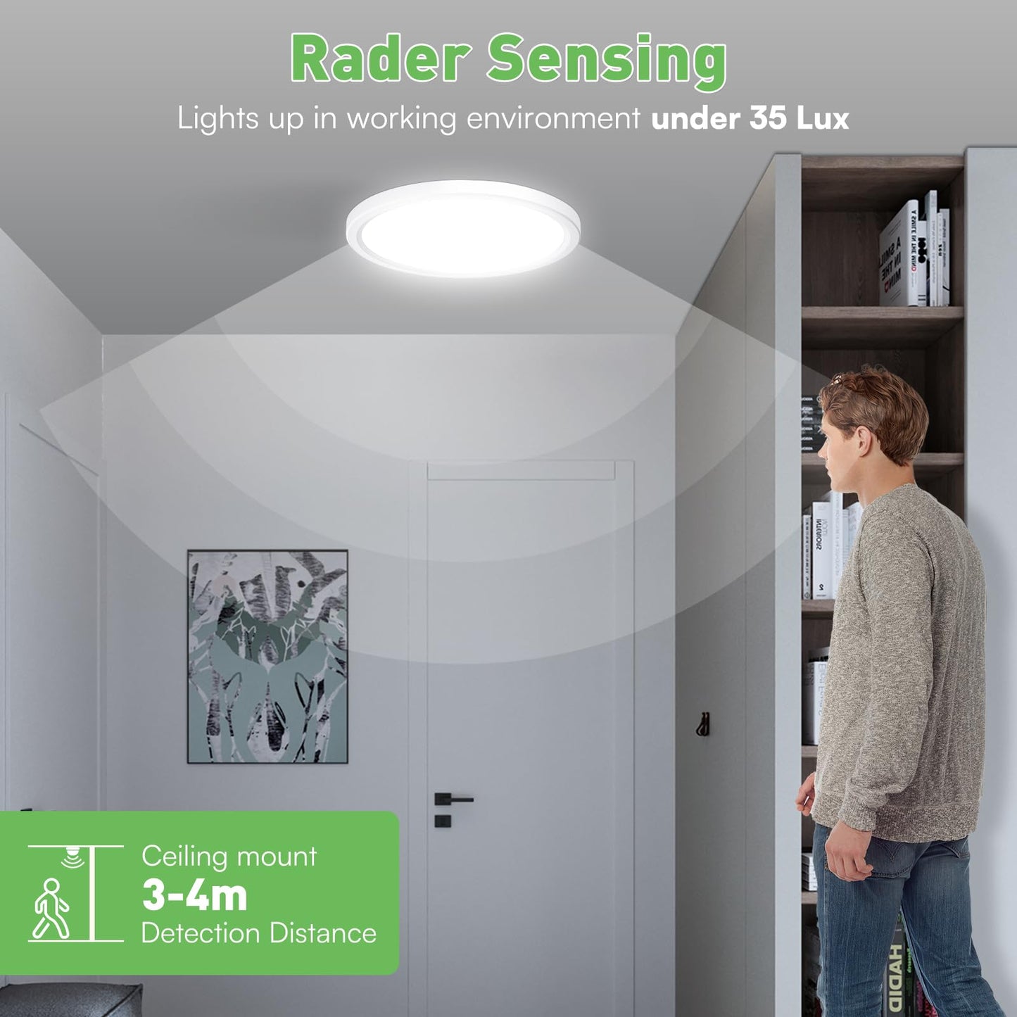 ALUSSO LED Ceiling Light Radar Motion Sensor, 18W Ceiling Lights 3CCT 3000K 4000K 6500K 1600LM, IP44 Waterproof Bathroom Ceiling Light for Toilet Stair Loft Porch Bath Attic Garage, Ø22cm