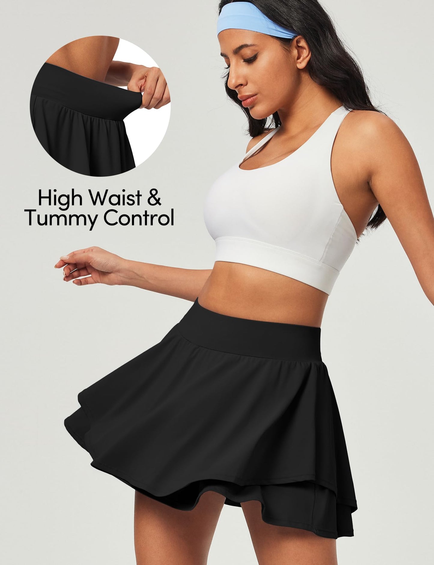 IUGA Tennis Skirt Pleated Skorts for Woman Double Ruffle Golf Skirts for Women Skort with Pockets Tummy Control Athletic Black