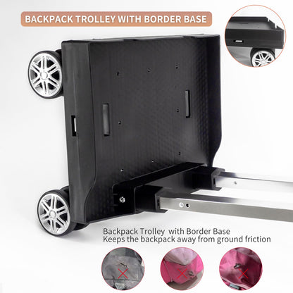 Backpack Trolley Wheeled Cart, Foldable Aluminium Alloy Hand Truck with Edge Guard Base, 4 Spinner Wheels, Luggage Cart with Luggage Strap for Teenagers, Adults, School,Luggage Trolley for Travel
