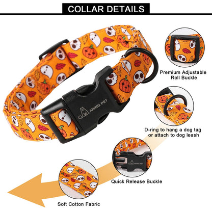 ARING PET Halloween Dog Collar, Cute Orange Ghost Pumpkin Leaves Cotton Lightweight Pet Collars with Quick Release Buckle for Puppy Small Medium Large Boy Girl Dogs-M