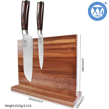 XYJ Authentic Since 1986, Magnetic Knife Block, Double Side Kitchen Knife Stand, Acacia Wood, Magnetic Knife Holder with Strong Enhanced Magnets,Knives Storage Rack Stand for Home Kitchen