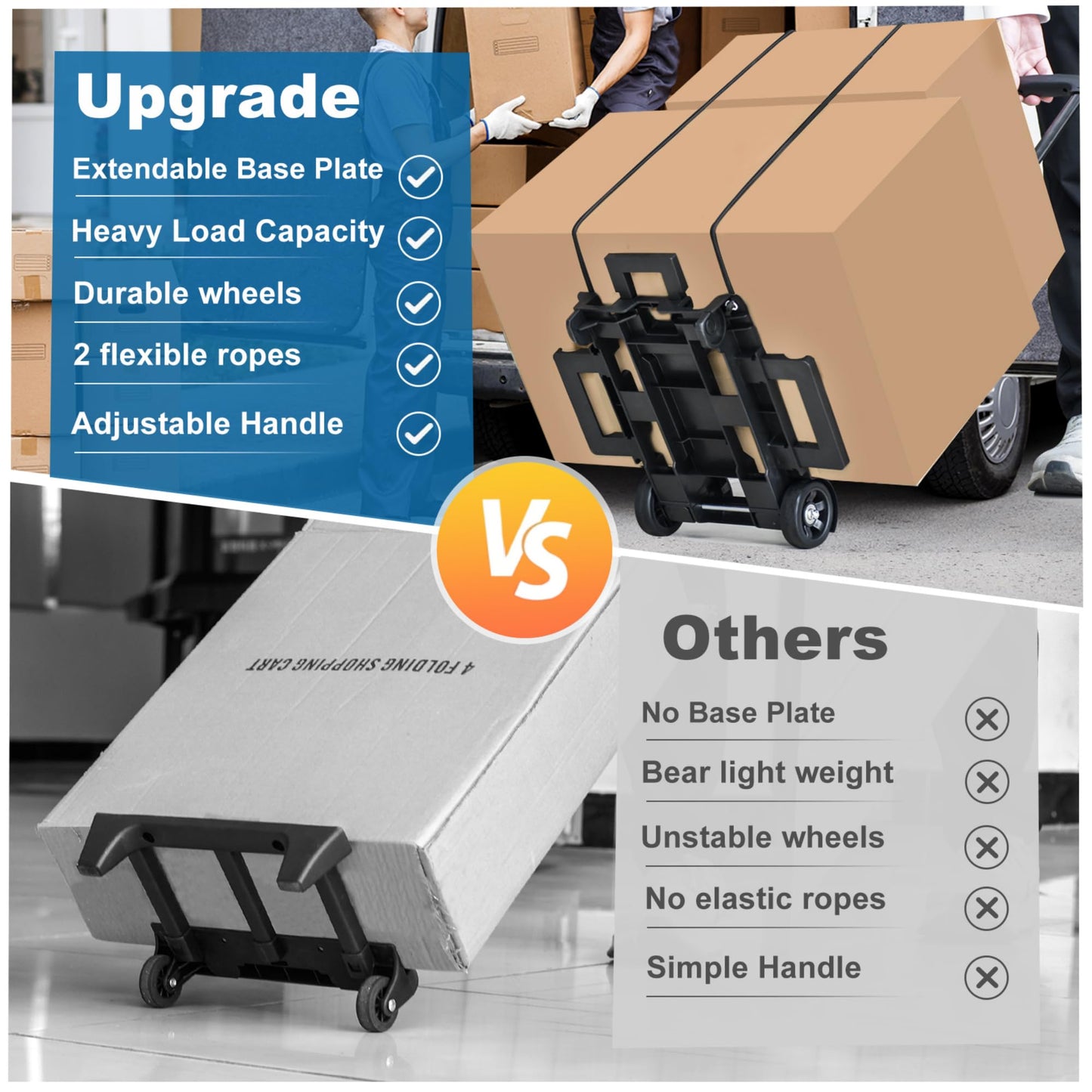 ZHJINGYU 70lbs Folding Hand Truck | Sack Barrow | Steel Foldable Trolley | Adjustable Baseplate & Bungee Cords | 2 Wheel | Folds into Backpack for Lifting Luggage Travel Auto