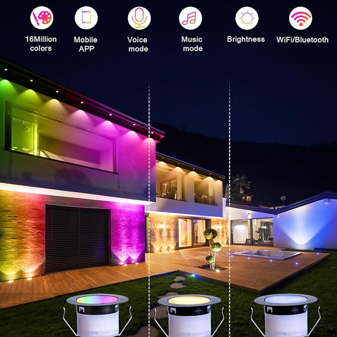 FVTLED Recessed LED Deck Lights Kit, Φ1.77 Low Voltage WiFi Pixel RGBW+IC Deck Lighting Work with Alexa/Google Home, IP67 Waterproof Outdoor Step Lights DC12V for Garden,Steps,Stair(30 Pack, Black)