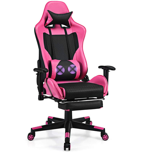Giantex Massage Gaming Chair Pink, Ergonomic Video Game Chair with Footrest, High Back E-Sport Computer Chair with Headrest & Massager Lumbar Support, PU Leather Gaming Seat