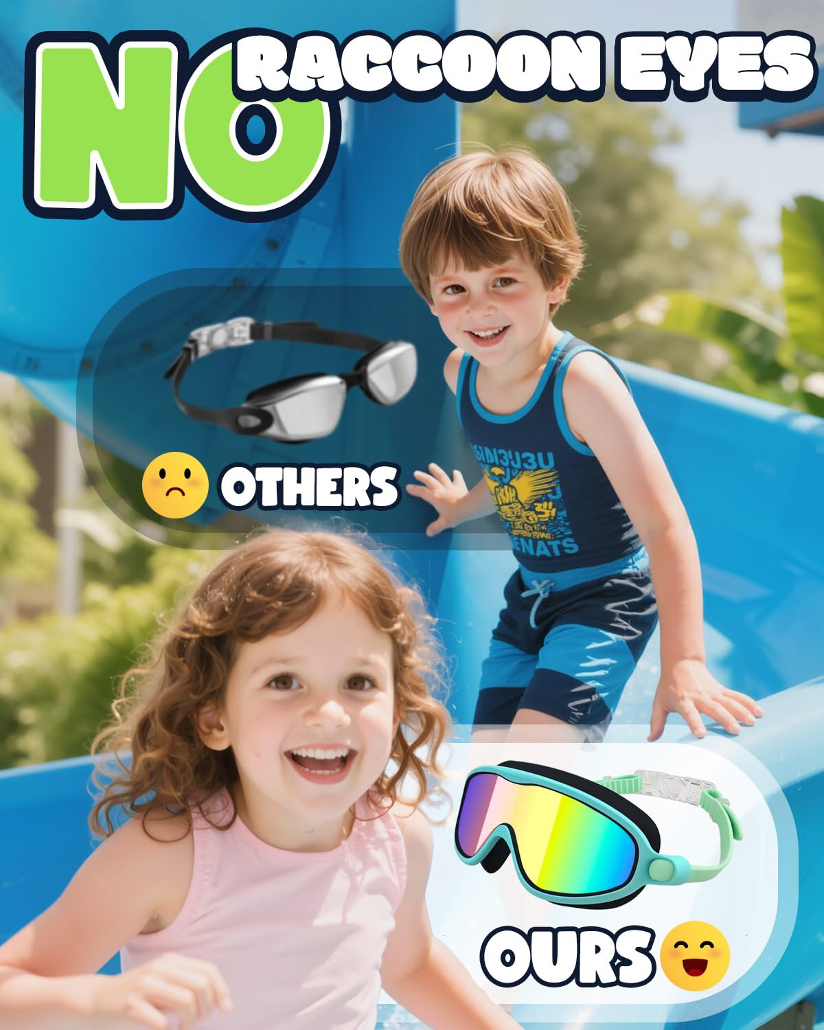 Rantizon Kids Swimming Goggles 2 Pack, Anti Fog&UV Swim Goggles for Boys Girls, No Leak Pool Beach Essentials for kid 3-14 (Black Aqua & Green Aqua)