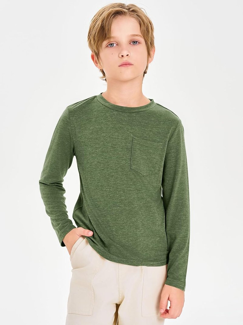 Boys Long Sleeve Crewneck Shirts - Casual Tees with Chest Pocket | Ages 5-14