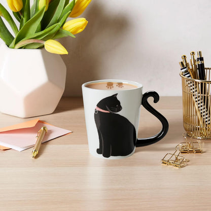 VOTUM Black Cat Ceramic White Coffee or Tea Mug - Animal Shaped Cup with Hand Printed Designs - Cute Handmade Gift for Men or Women Cat Lovers - 12 Fluid Ounce