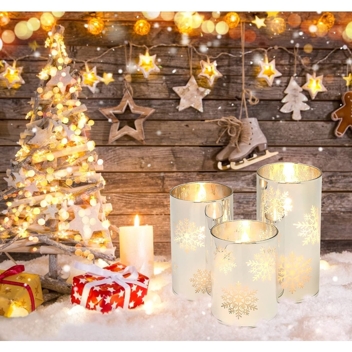 GORGE MOMENT Flameless Candles with Remote, Christmas Holiday LED Flickering Candles, Snowflake Candle Glass, Battery Operated, Xmas Gift Decorations Bathroom Home Party Decor [x3]